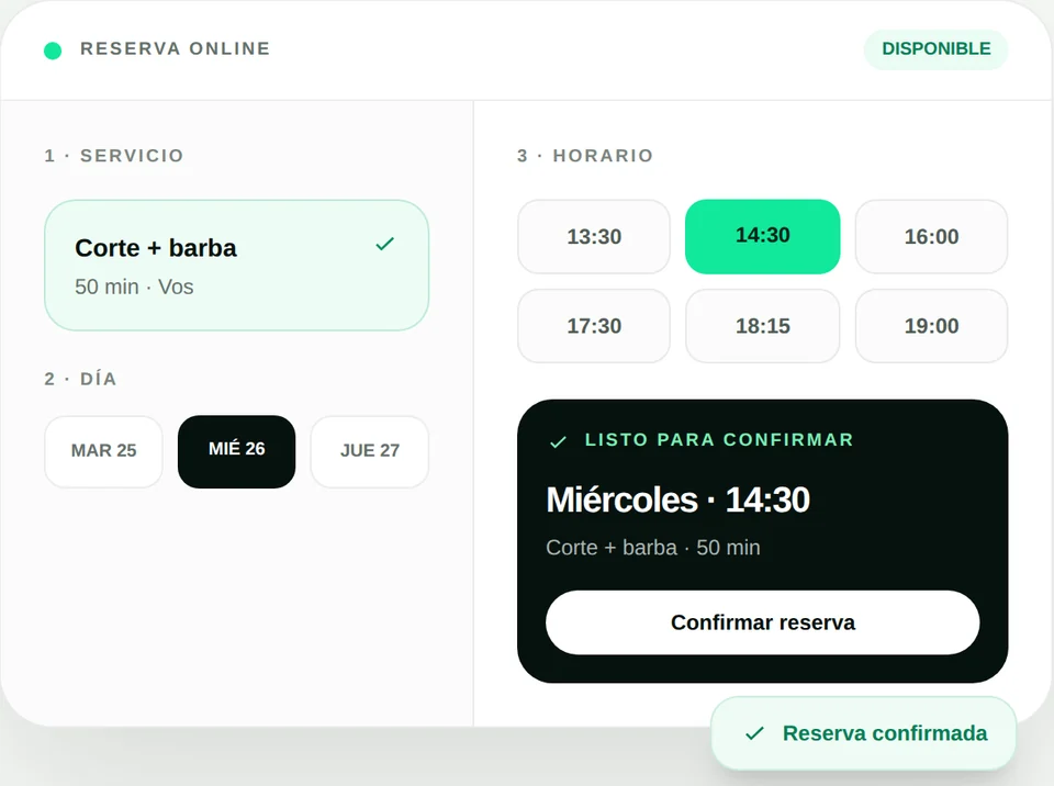 Demostración pública de Booking con selección de servicio, día y horario. Los datos son de ejemplo.
