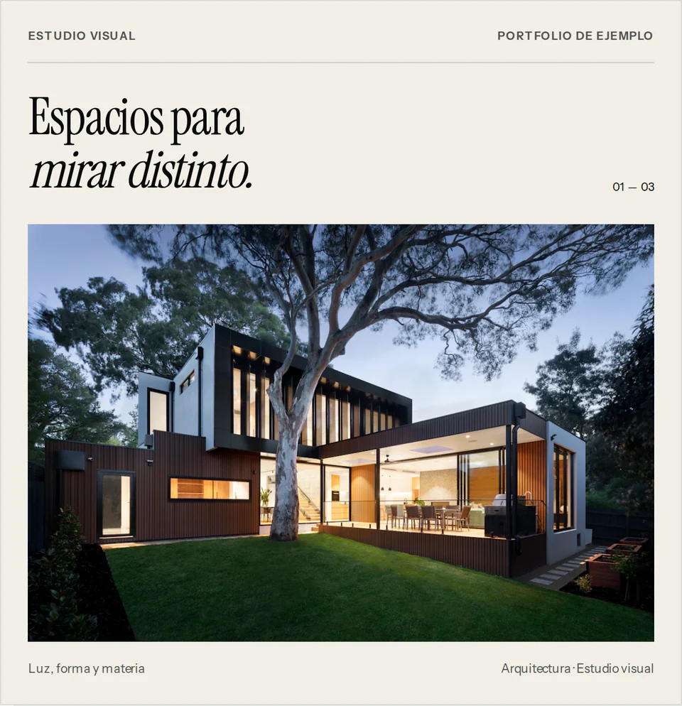 Ejemplo de VOLTA Portfolio con composición editorial, fotografía de arquitectura y presentación de un proyecto.