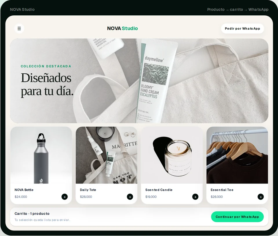 Catálogo NOVA Studio publicado como demostración de Store: productos con fotos y precios, carrito y continuación por WhatsApp.
